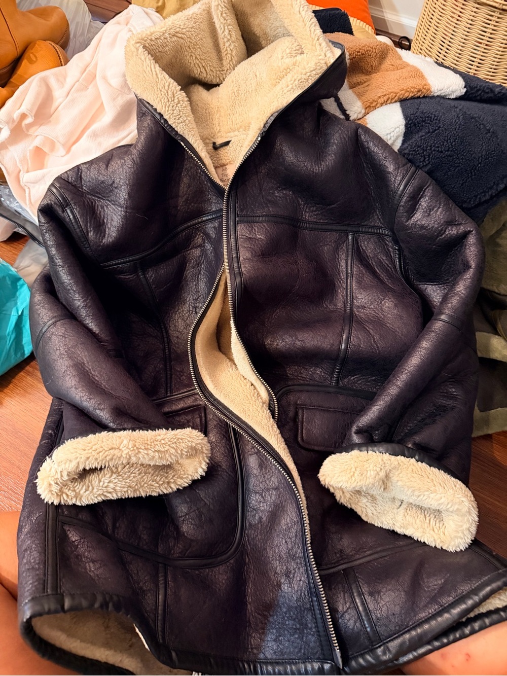 We The Free Dark Brown Leather Shearling-Trim Zip Jacket